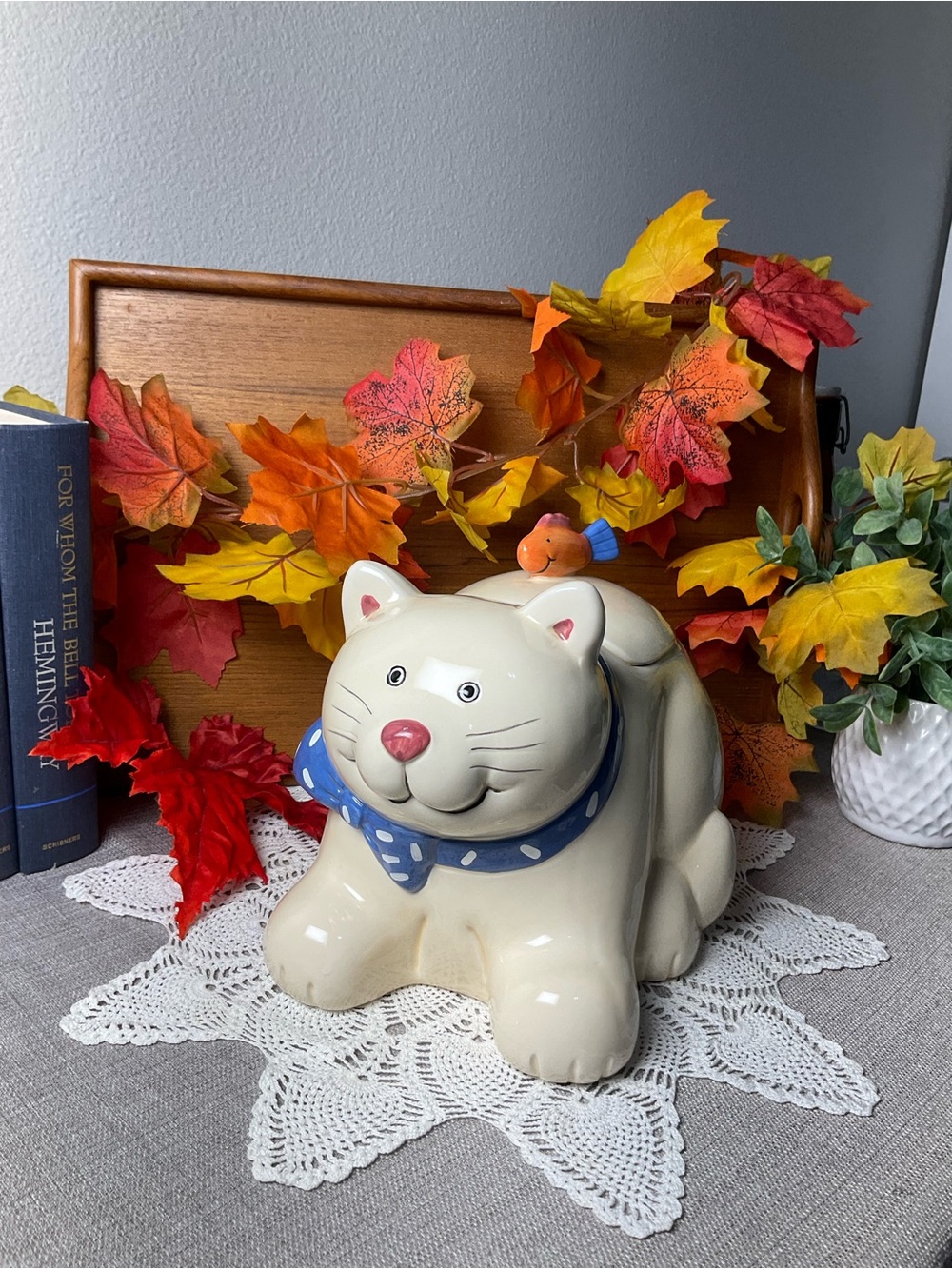 Coco Dowley Cat Cookie Jar Certified International Goldfish Lid Taiwan Vintage